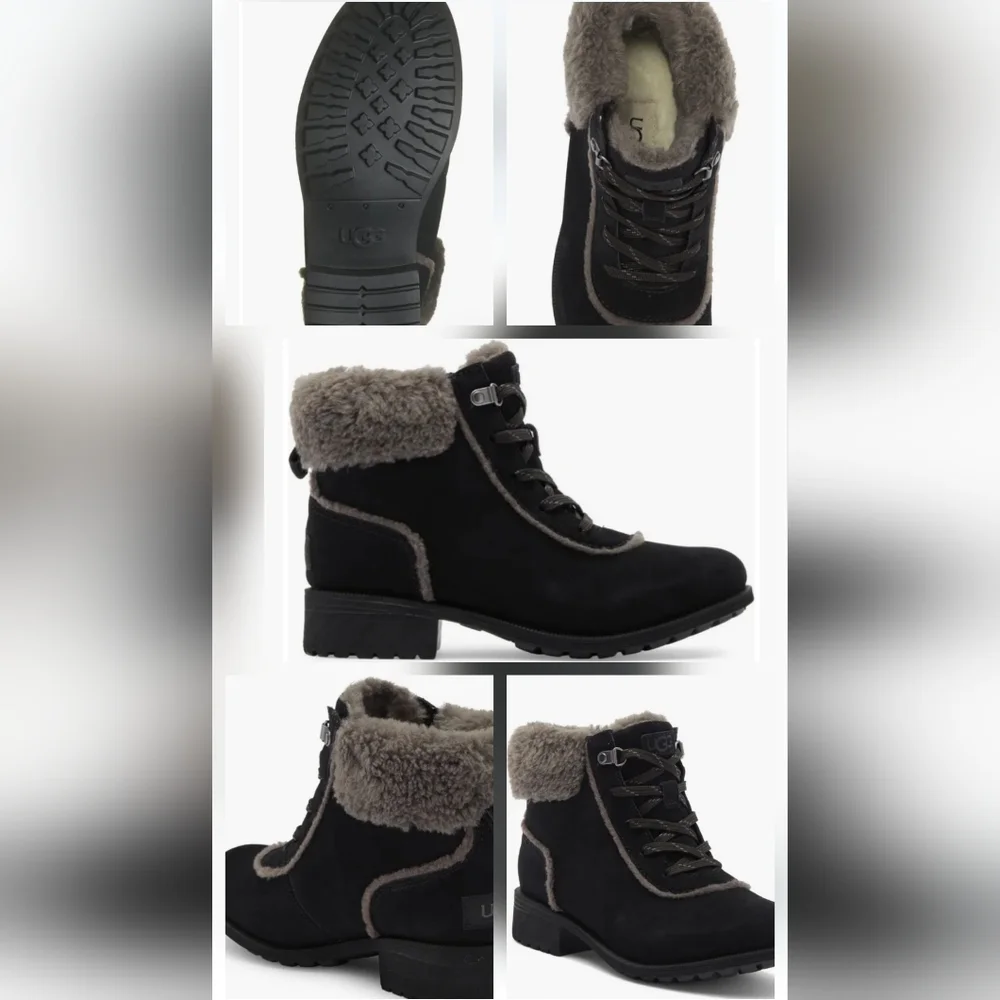 Womens Bodie Ugg Black Suede Fur-Trim Lace-Up Boots Winter Warm 6.5